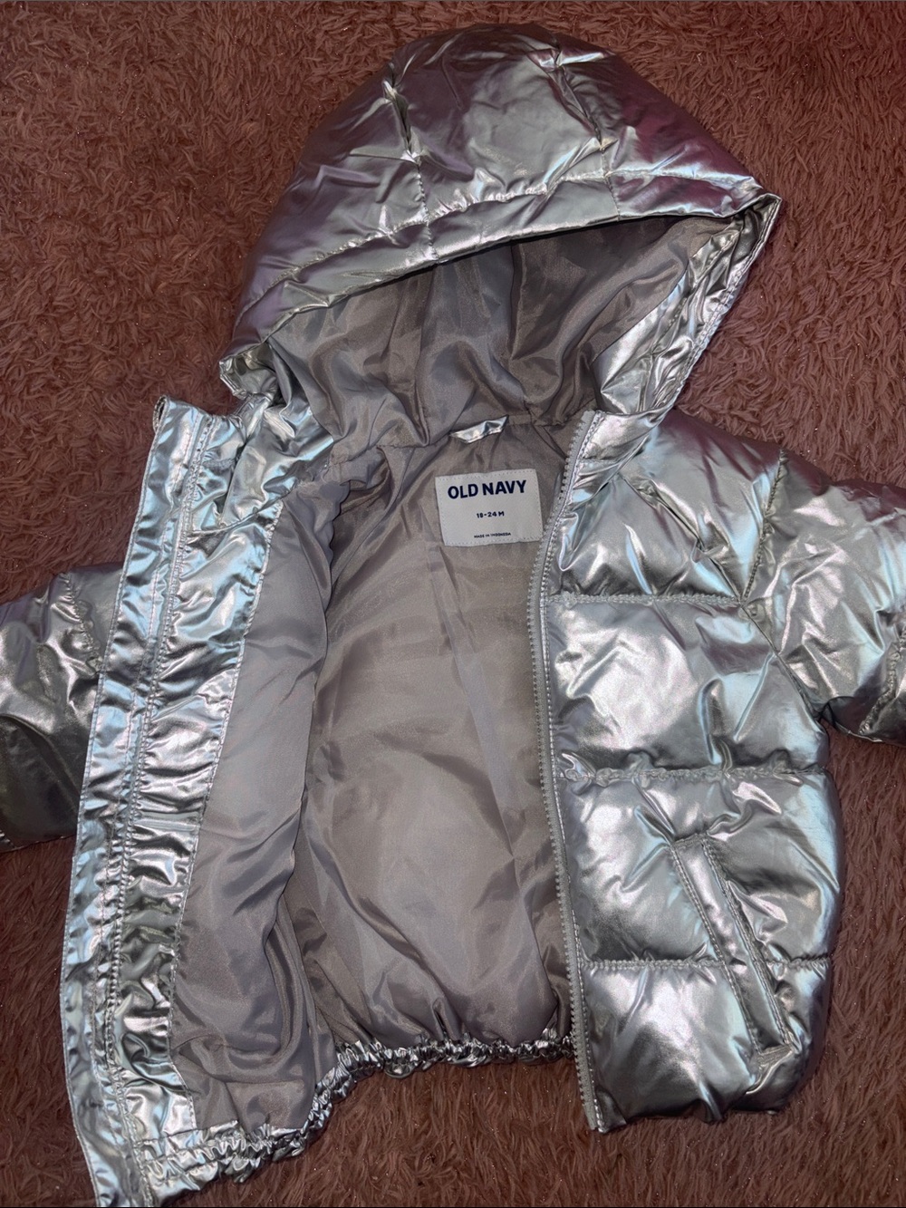 Old Navy Metallic Silver Puffer Jacket with Hood - baby 18-24 months
